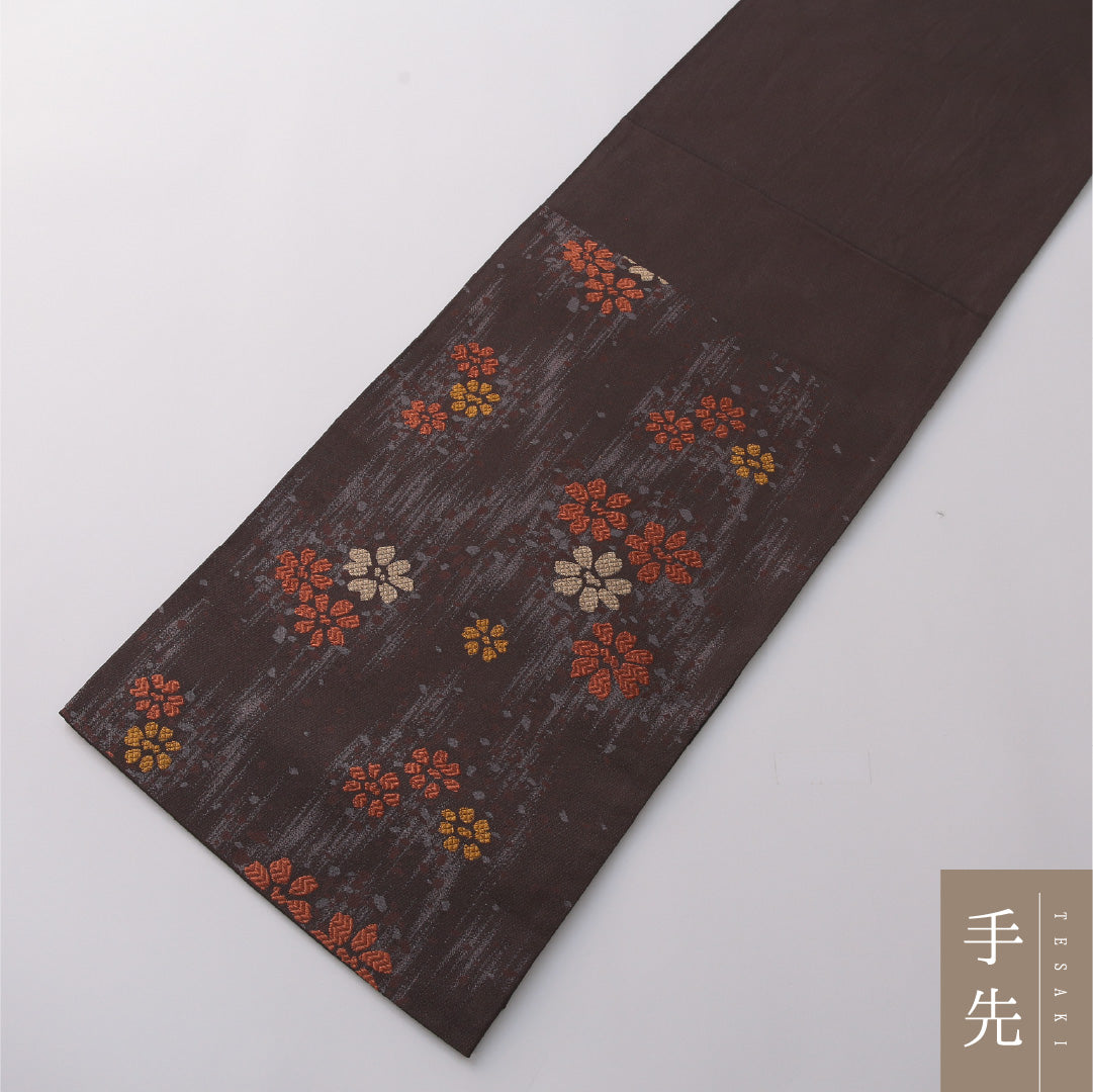 九寸名古屋帯 Sランク 帯丈380cm ポリエステル 洗える帯 六通 開き仕立て 織り インフォーマル 桜 茶系 RP 1245-03225