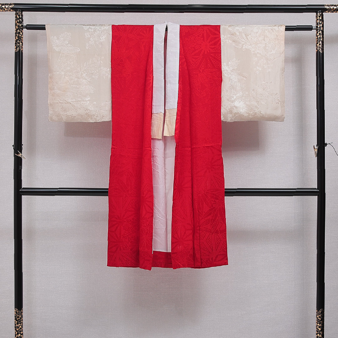 アンティーク 長襦袢 無双袖 身丈114cm 裄丈58cm 正絹 Aランク XSサイズ 菊 赤系 1229-16491