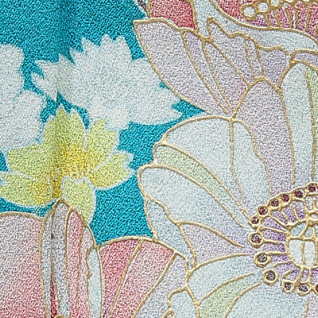 訪問着 洗える着物 袷 身丈163cm 裄丈67cm ポリエステル Cランク Lサイズ 広衿 セミフォーマル 牡丹 青系 緑系 1212-15678