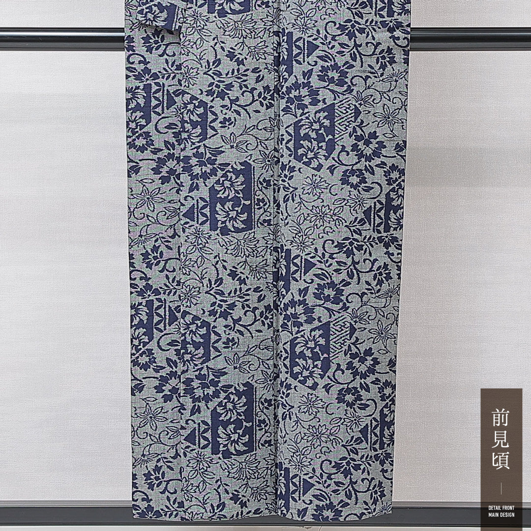 紬 単衣 身丈151cm 裄丈63cm 正絹 Cランク カジュアル バチ衿 Sサイズ 唐草 桜 グレー系 HP 1223-15190
