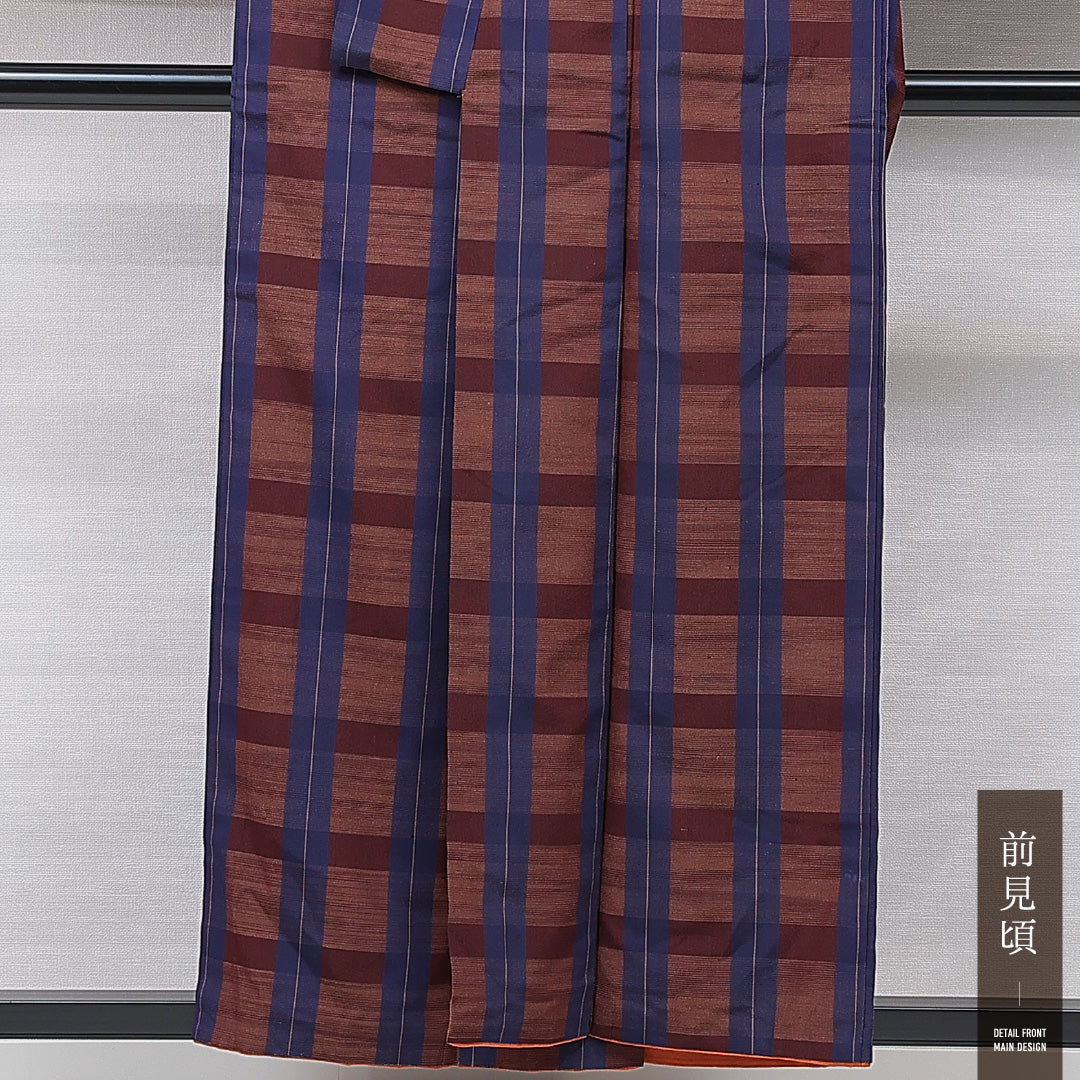 アンティーク 小紋 袷 身丈155cm 裄丈63cm 正絹 Dランク Mサイズ 広衿 格子 茶系 青系 1215-15576