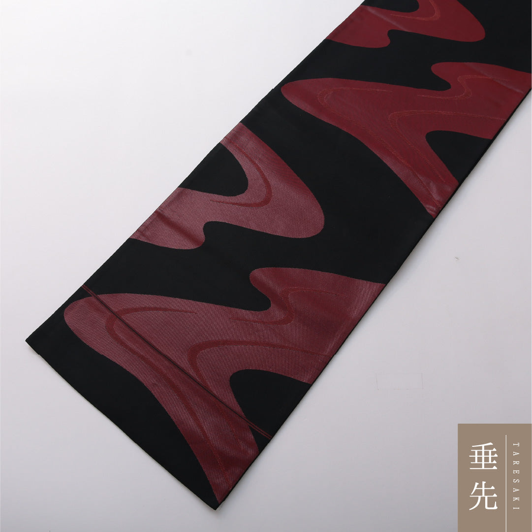 九寸名古屋帯 帯丈370cm カジュアル 開き仕立て 六通 Aランク 正絹 流水 黒系 1224-03513