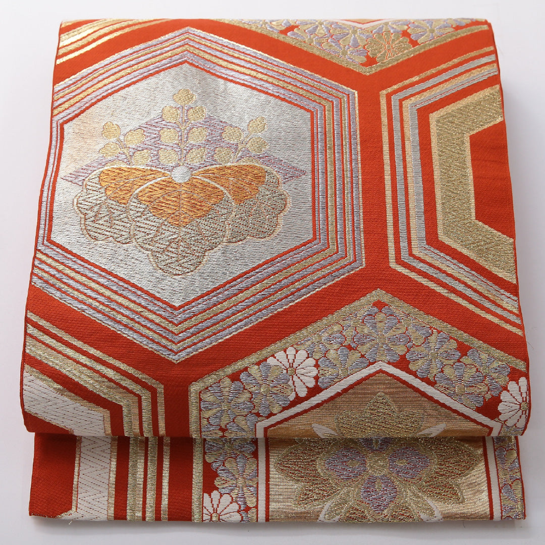 アンティーク 袋帯 帯丈412cm 六通 Aランク 正絹 家紋柄 亀甲 朱系 1223-02075