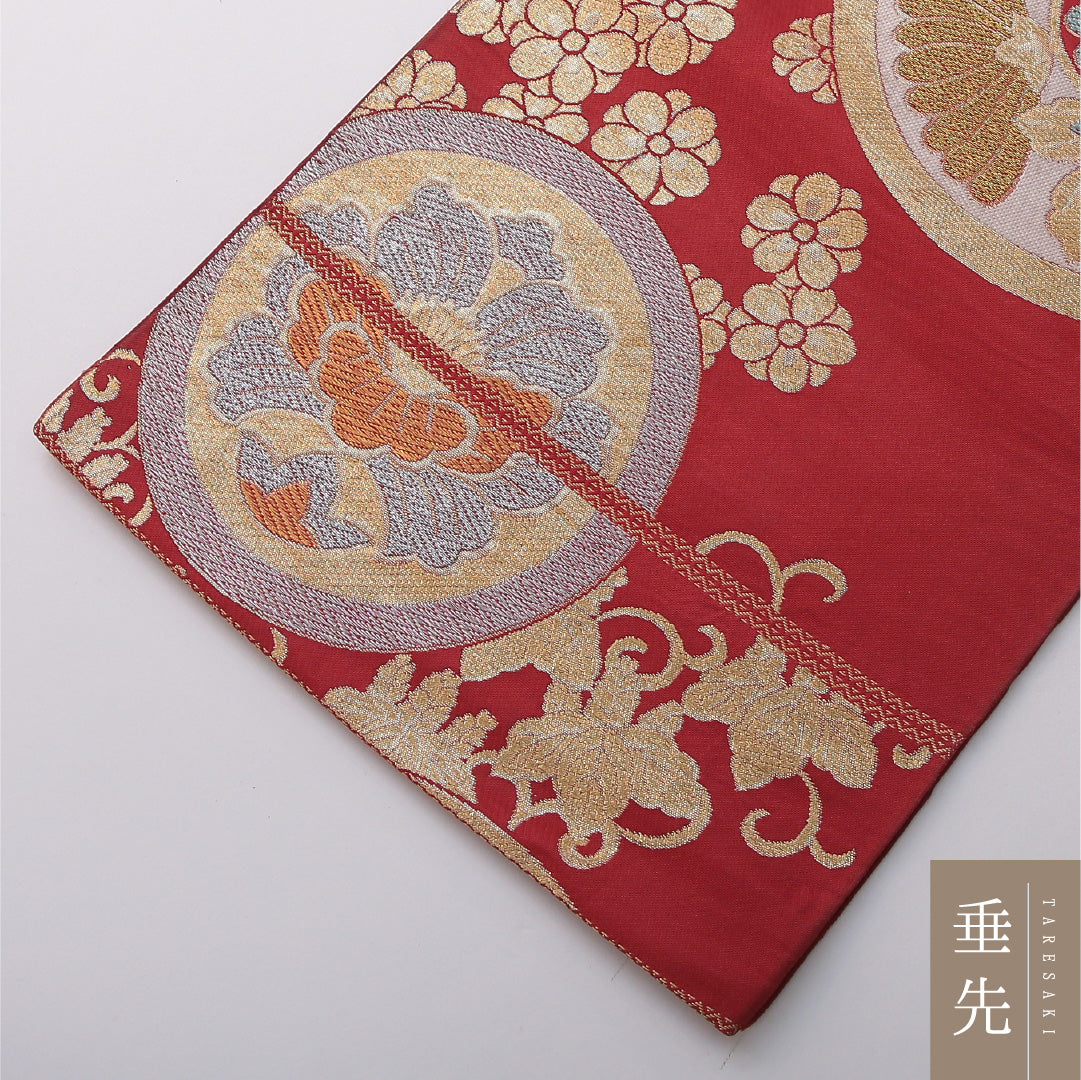 九寸名古屋帯 帯丈396cm セミフォーマル 開き仕立て 六通 Cランク 正絹 有職文様 赤系 1224-03499