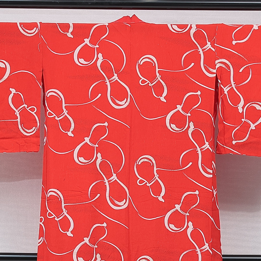 アンティーク 長襦袢 袷 身丈118cm 裄丈58cm 正絹 Bランク XSサイズ バチ衿 瓢箪 金彩 赤系 1229-15671