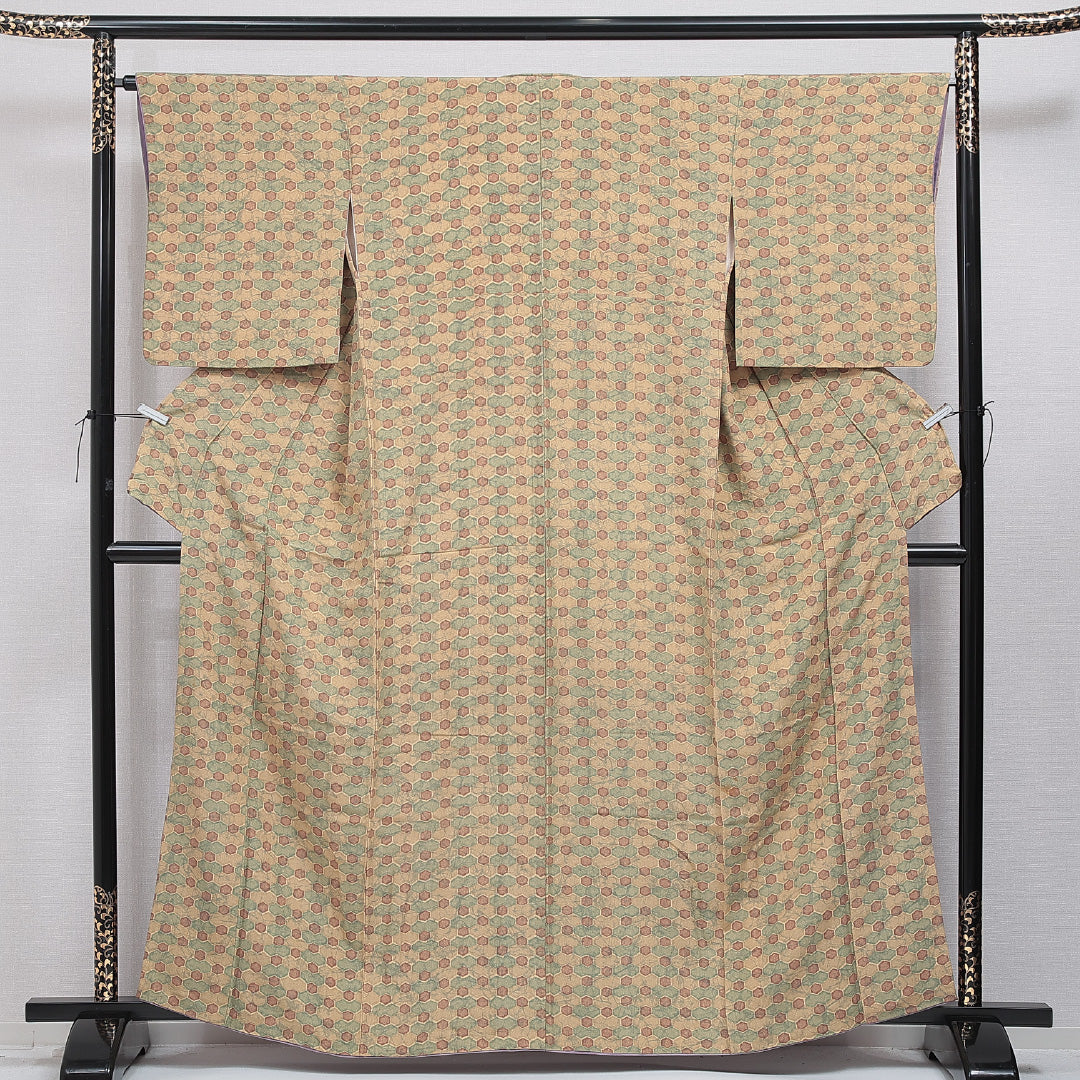 小紋 袷 身丈162cm 裄丈64cm 正絹 Cランク インフォーマル 広衿 Lサイズ 亀甲 クリーム系 LP 1221-15925