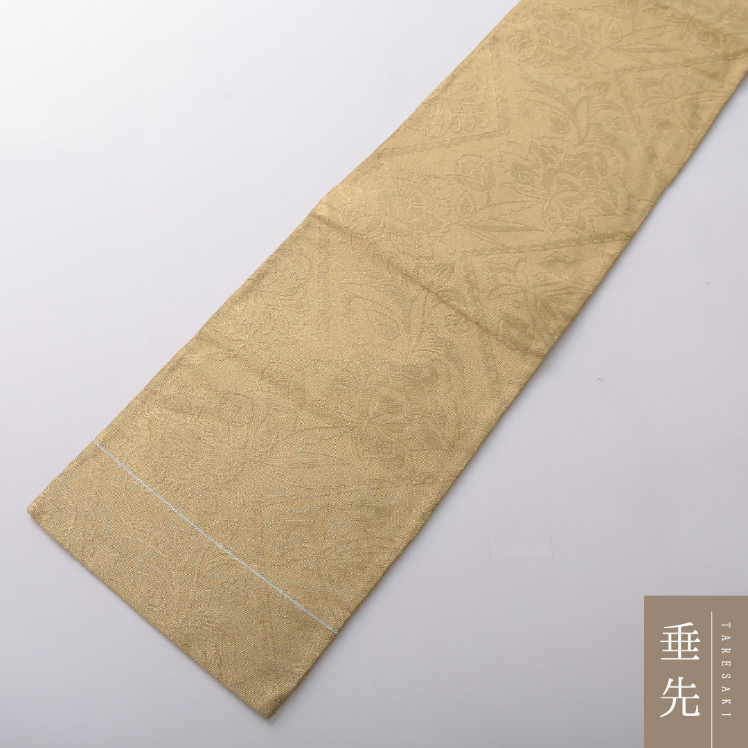 九寸名古屋帯 Sランク 帯丈342cm 正絹 全通 名古屋仕立て 織り セミフォーマル 綴れ織 唐草華文 金系 RP 1245-03649