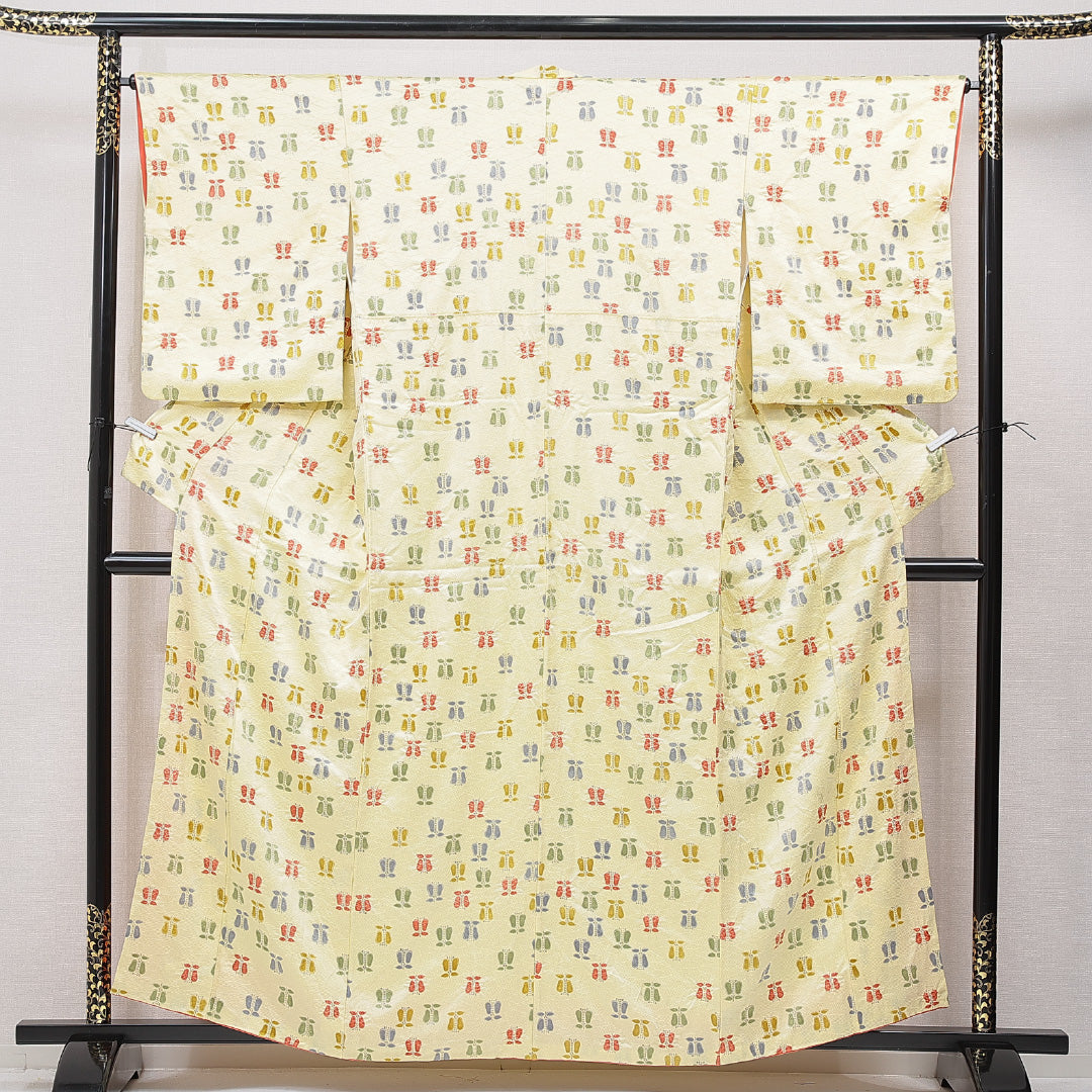 小紋 袷 身丈158cm 裄丈64cm 正絹 Cランク インフォーマル 広衿 Mサイズ 花柄 黄系 HP 1221-15550