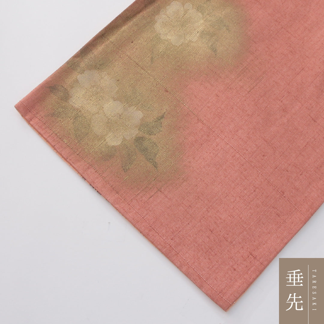 袋帯(紬) 帯丈450cm 正絹 六通 染め帯 カジュアル 染め紬 椿 ピンク系 1243-02288