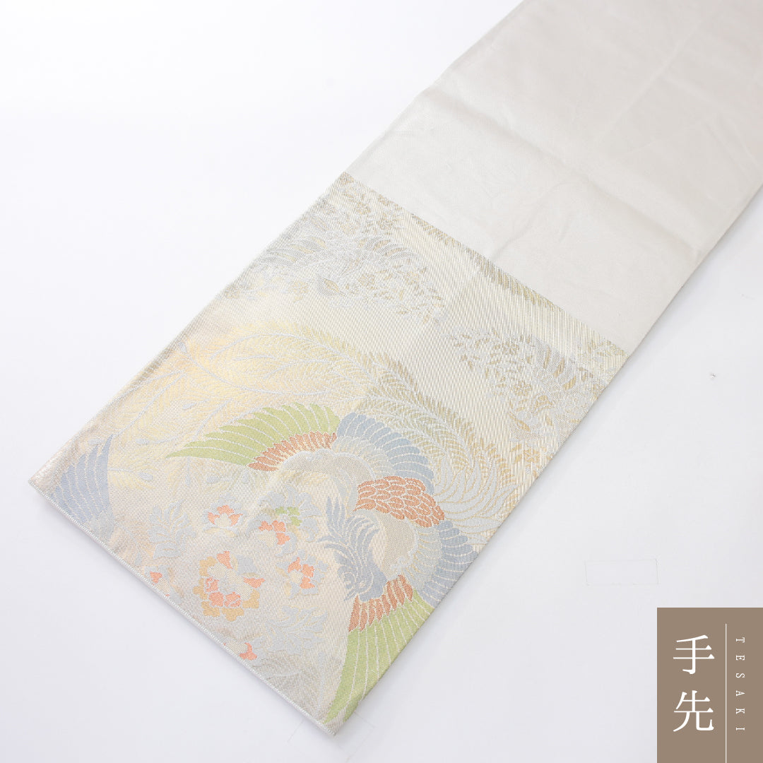 袋帯 帯丈416cm 正絹 六通 フォーマル 鳳凰 宝相華 クリーム系 銀系 1243-02174
