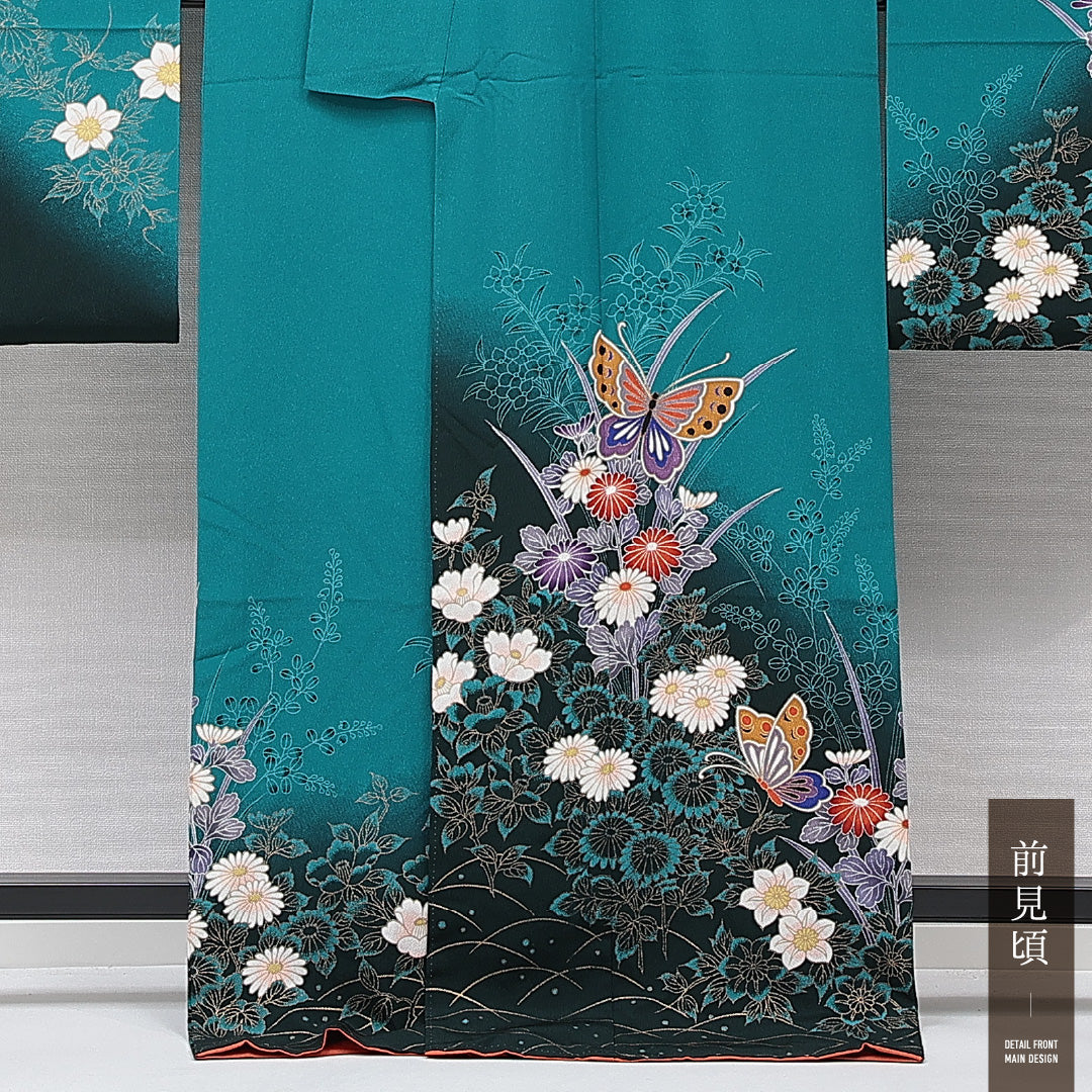 振袖 袷 身丈169cm 裄丈65cm フォーマル Aランク XLサイズ ポリエステル 洗える着物 広衿 蝶 菊 1213-F0717