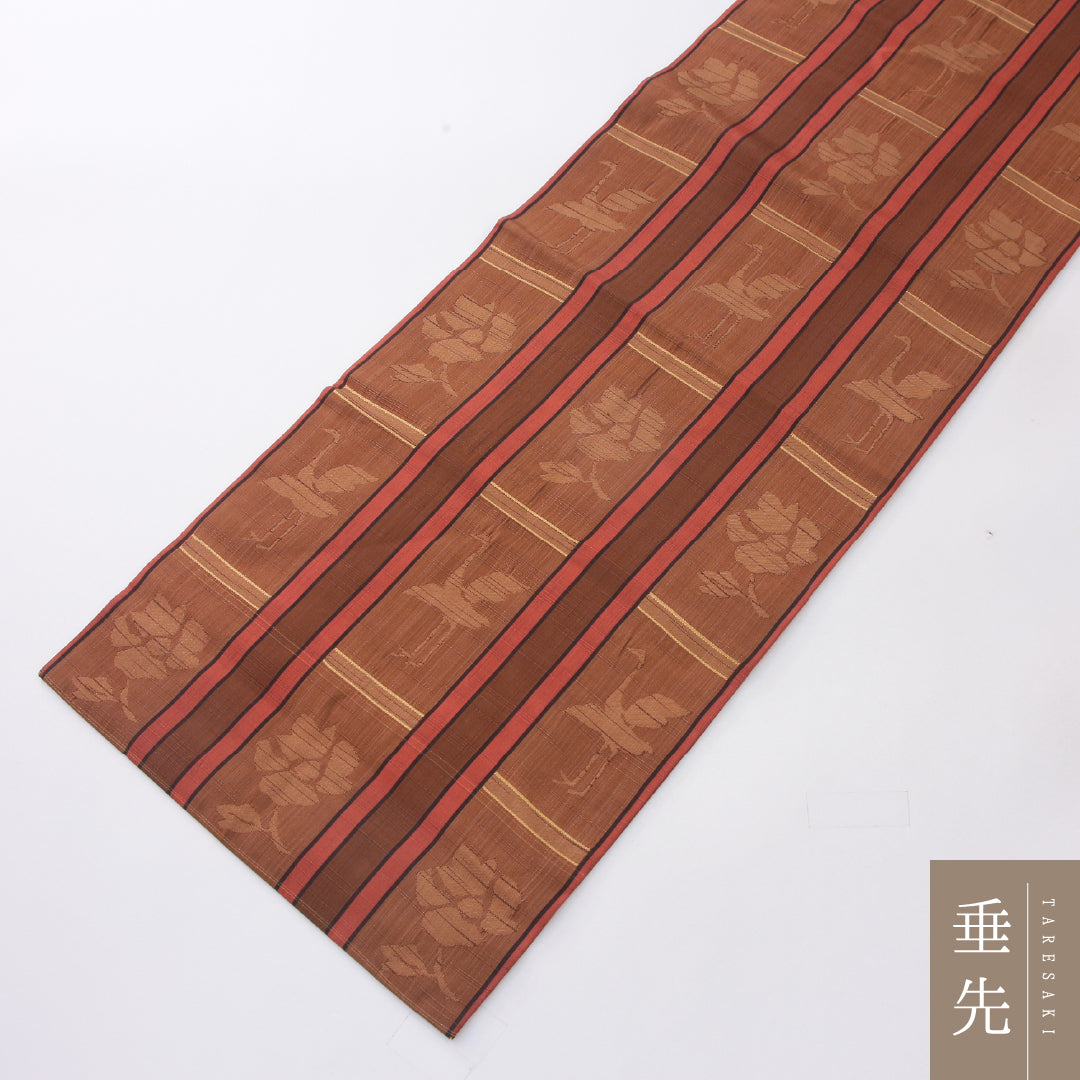 九寸名古屋帯 Aランク 帯丈357cm 正絹 六通 名古屋仕立て 織り カジュアル 紬 創作柄 茶系 RP 1245-04113