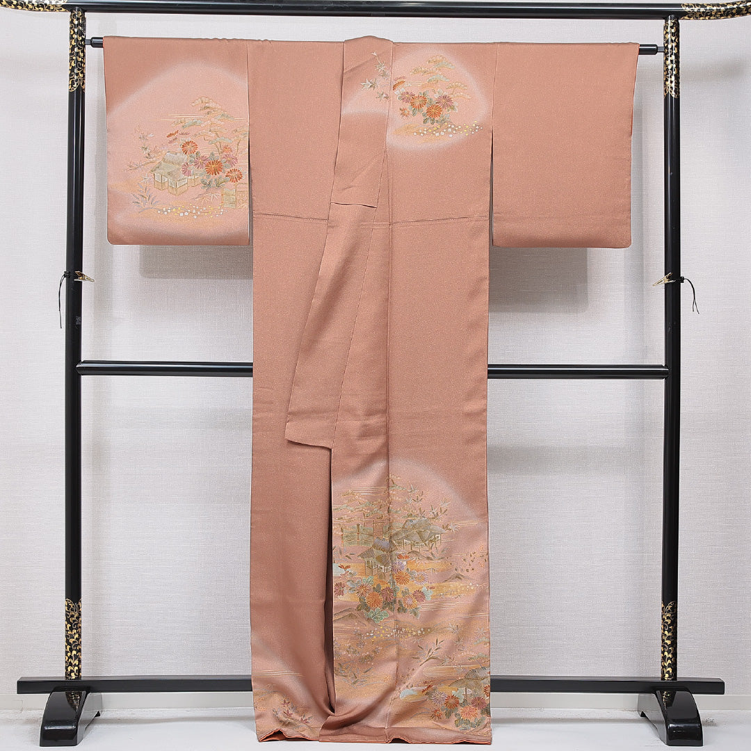 訪問着 袷 身丈172cm 裄丈65cm 正絹 Cランク セミフォーマル 広衿 2XLサイズ 茶屋辻 古典的 優しい 茶系 HP 1217-15708