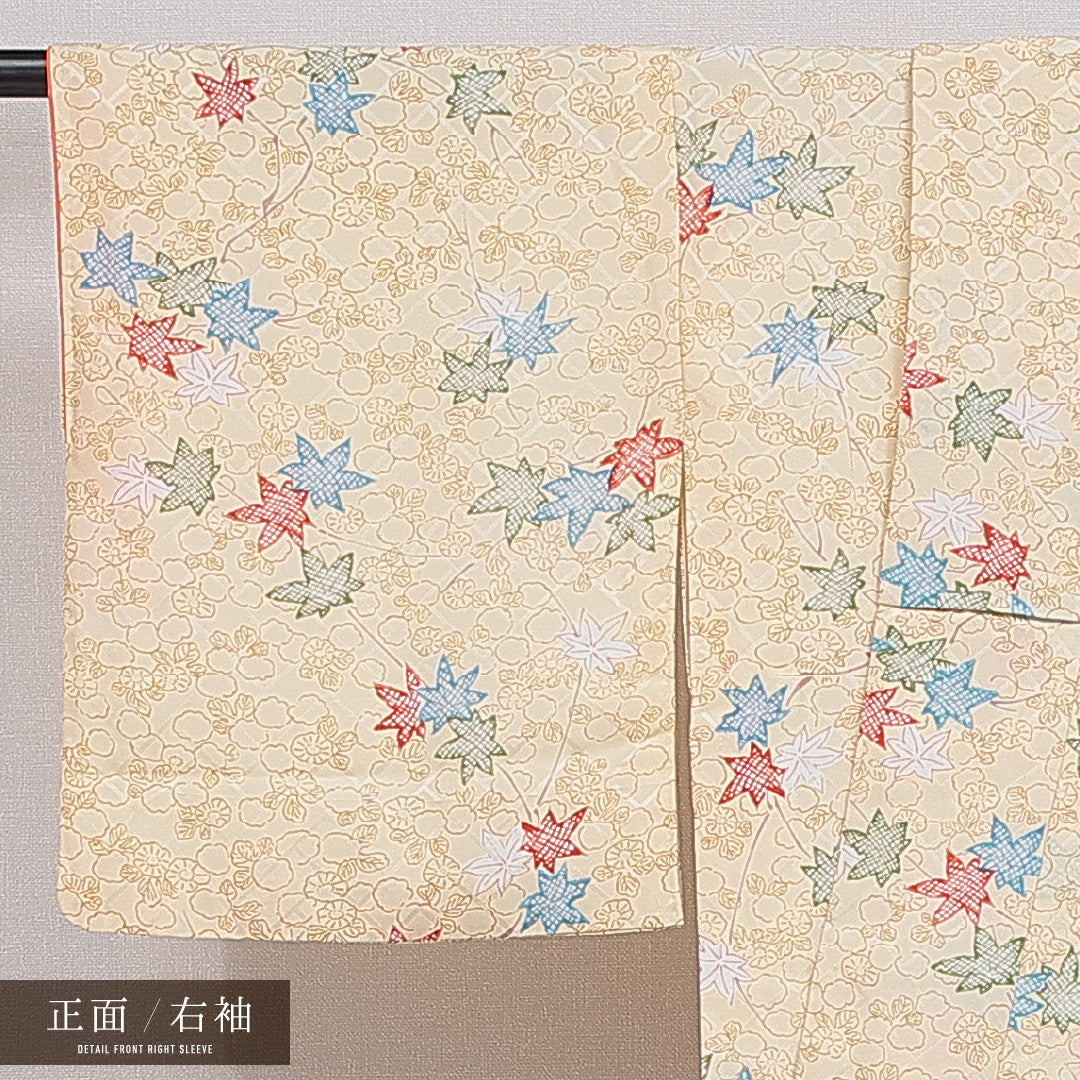 洗える着物 小紋 袷 身丈157cm 裄丈64cm ポリエステル Aランク インフォーマル 広衿 Mサイズ 紅葉 楓 黄系 RP 1221-16352