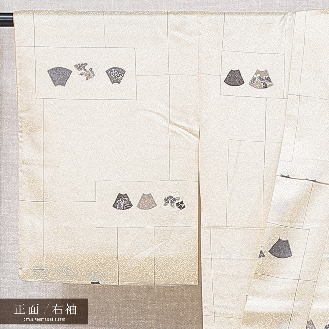 小紋 袷 身丈159cm 裄丈64cm 正絹 Sランク インフォーマル 広衿 Mサイズ 扇 花菱 クリーム系 RP 1221-15875