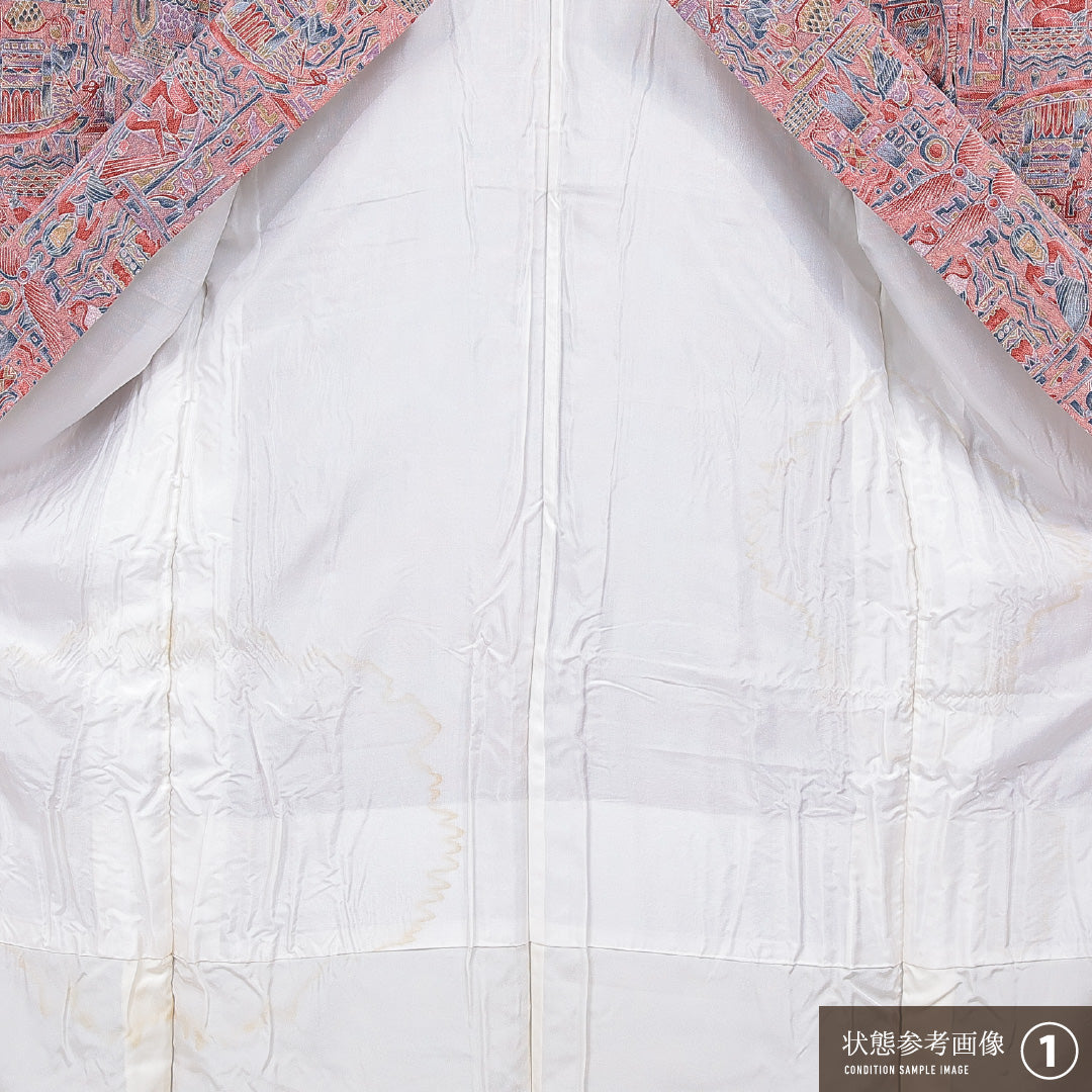 小紋 袷 身丈157cm 裄丈60cm 正絹 Aランク インフォーマル 広衿 Mサイズ コプト文様 ピンク系 RP 1221-15577