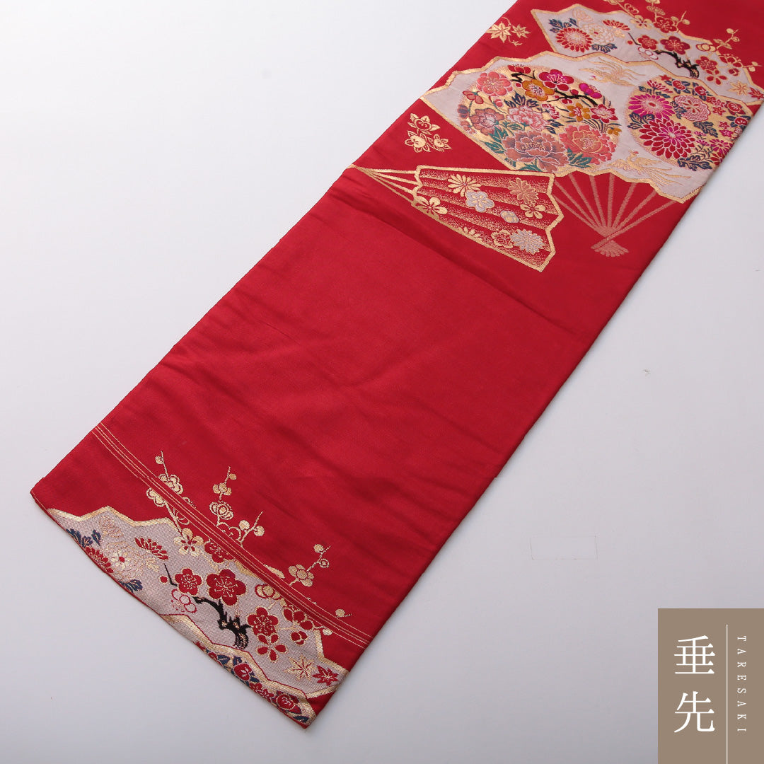 アンティーク 九寸名古屋帯 帯丈321cm インフォーマル 名古屋仕立て ポイント柄 Aランク 正絹 鳳凰 菊 赤系 1224-03526