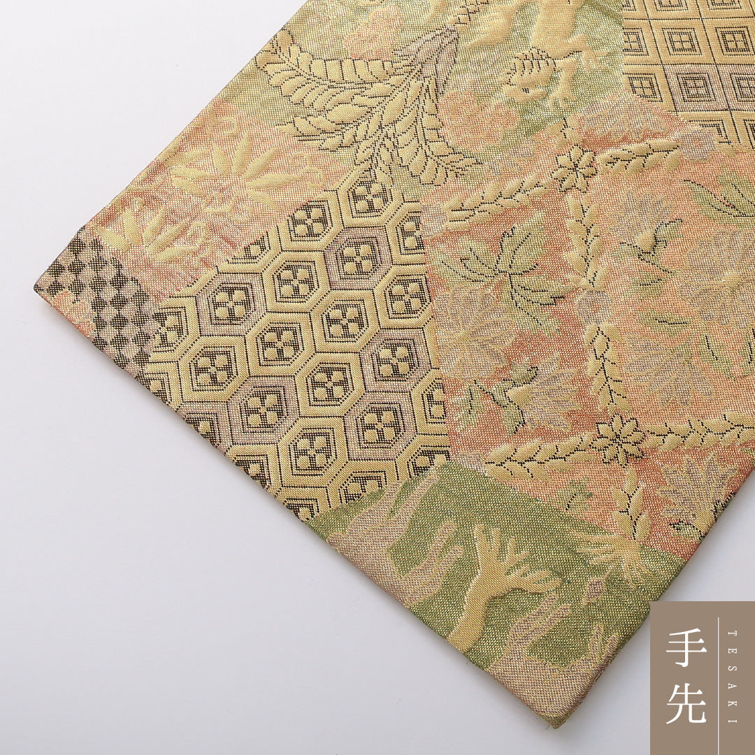 袋帯 帯丈412cm フォーマル 六通 Sランク 正絹 樹下双獣文 菱 金系 1223-02073