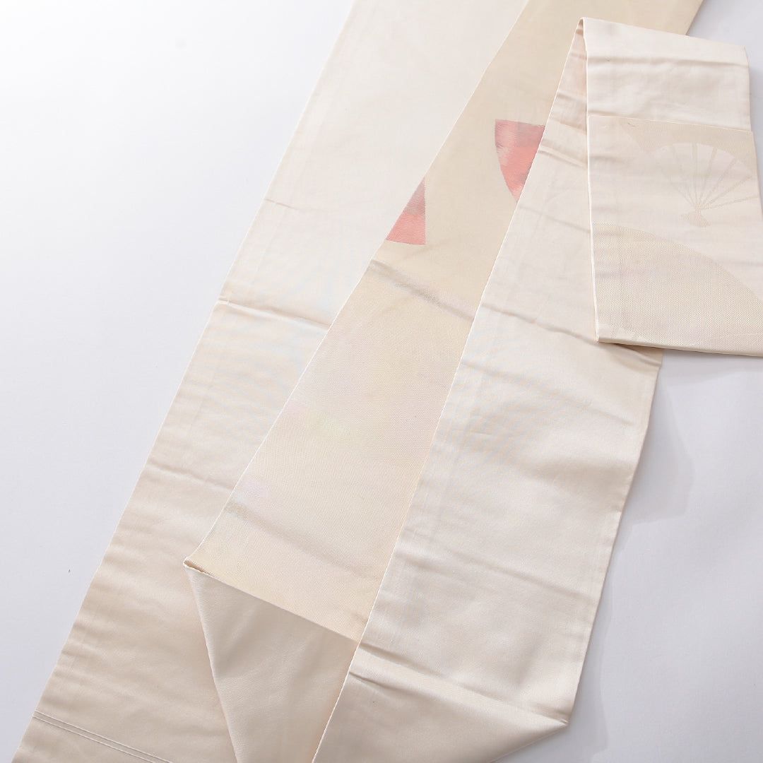 九寸名古屋帯 帯丈355cm セミフォーマル 名古屋仕立て ポイント柄 Bランク 正絹 引箔 扇 クリーム系 1224-03906