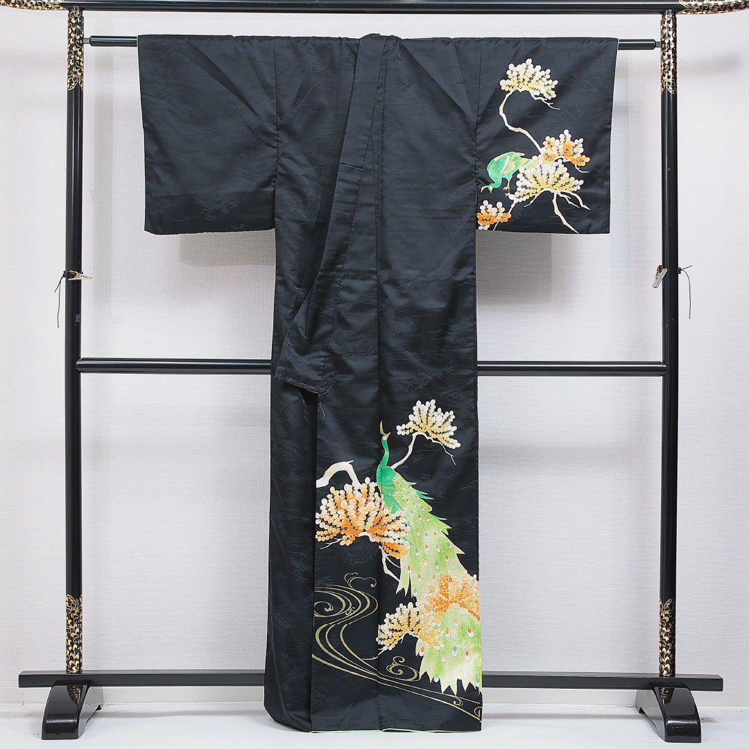 訪問着 洗える着物 袷 身丈164cm 裄丈63cm ポリエステル Sランク Lサイズ バチ衿 セミフォーマル 孔雀 金駒刺繍 黒系 1212-16287
