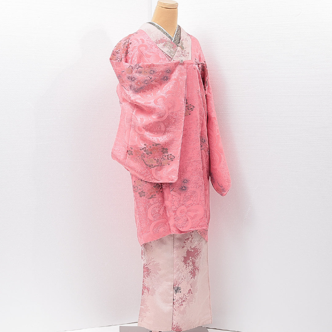 アンティーク 道行コート(お召) 袷 身丈98cm 裄丈65cm 正絹 Bランク Mサイズ ポケットあり 梅 ピンク系 1263-15276