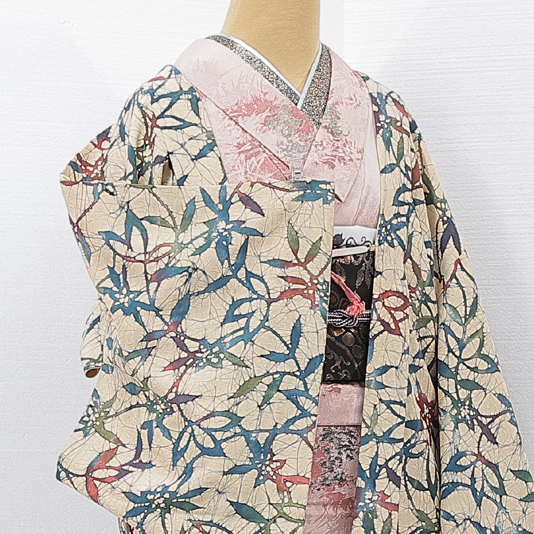 羽織 袷 身丈72cm 裄丈65cm 正絹 Aランク Mサイズ カジュアル 紐あり 植物柄 クリーム系 1217-15121