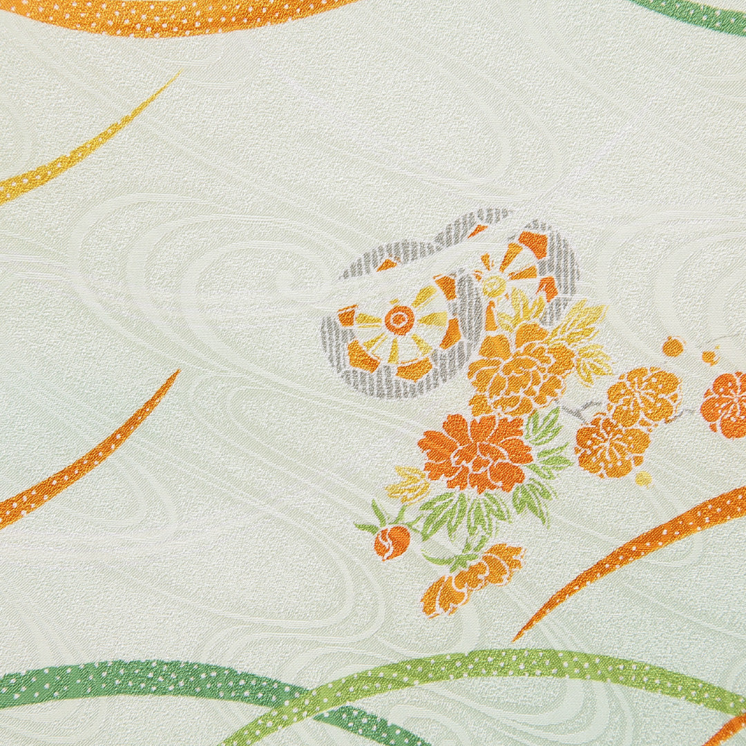 小紋 洗える着物 袷 身丈162cm 裄丈61cm ポリエステル Bランク Lサイズ 広衿 インフォーマル 源氏車 菊 緑系 1215-15806