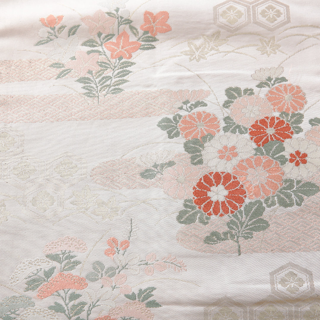 九寸名古屋帯 帯丈350cm セミフォーマル 名古屋仕立て ポイント柄 Cランク 正絹 吉祥文様 菊 ピンク系 1224-03833