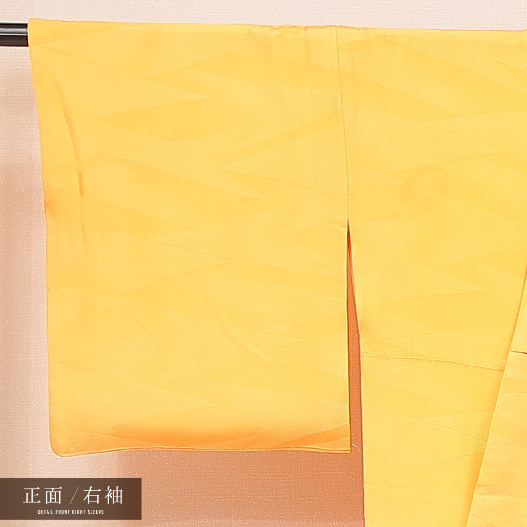 色無地 袷 身丈161cm 裄丈65cm 正絹 Cランク Lサイズ 広衿 一つ紋(丸に違い鷹の羽) セミフォーマル 紋意匠 幾何学文様 織り出し 黄系 1214-16889