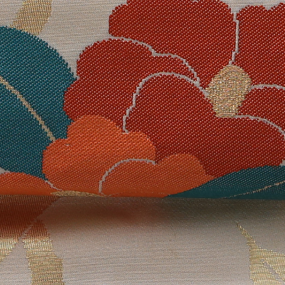 九寸名古屋帯 帯丈355cm カジュアル 名古屋仕立て 六通 Cランク 正絹 花柄 クリーム系 1224-03545