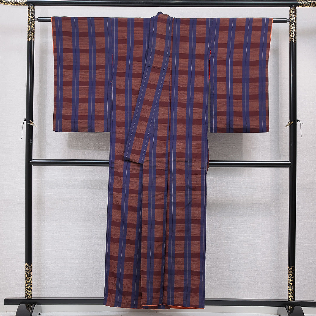 アンティーク 小紋 袷 身丈155cm 裄丈63cm 正絹 Dランク Mサイズ 広衿 格子 茶系 青系 1215-15576