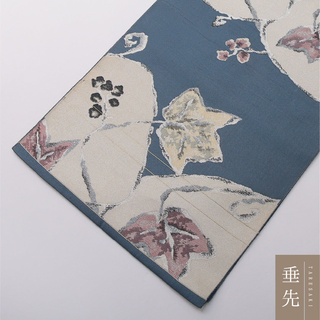 八寸名古屋帯 Aランク 帯丈364cm 正絹 六通 開き仕立て 織り カジュアル 花柄 植物柄 青系 LP 1245-03381