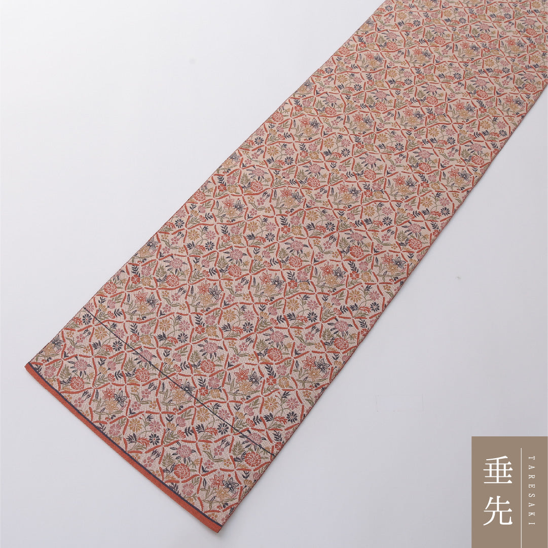 八寸名古屋帯 Aランク 帯丈360cm 正絹 六通 松葉仕立て 染め カジュアル 花柄 朱を重ねたようなクリーム系 LP 1245-03269