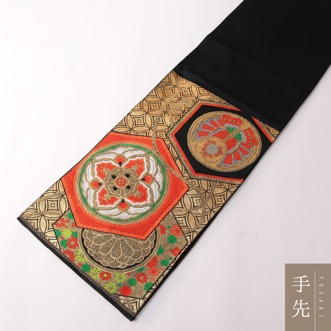 振袖用 袋帯 帯丈416cm 正絹 六通 亀甲 丸文 金系 1243-01746