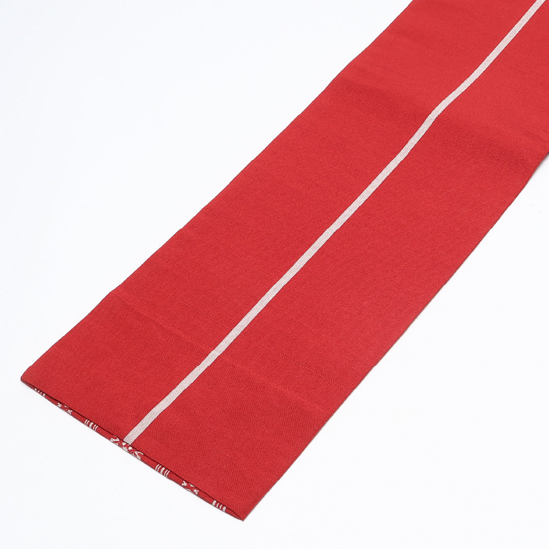 半幅帯 帯丈352cm カジュアル 小袋帯 全通 Sランク 正絹 本場筑前博多織 献上柄 証紙 赤系 1225-00625