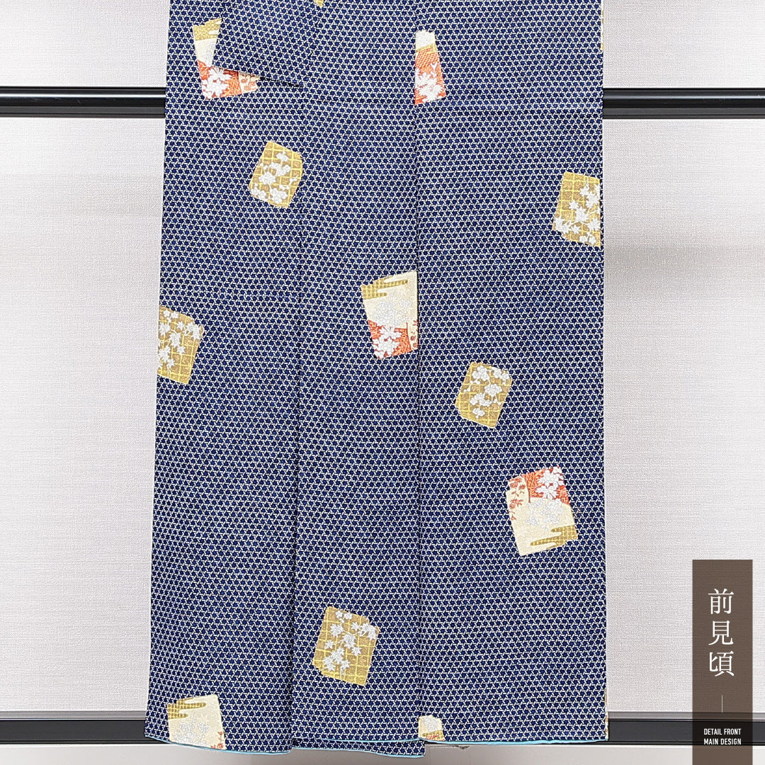 小紋 袷 身丈153cm 裄丈61cm 正絹 Bランク インフォーマル 広衿 Sサイズ 色紙 花柄 青系 HP 1221-15078