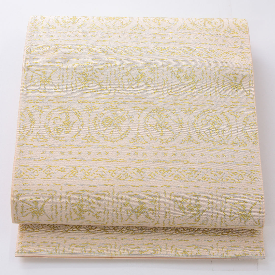 九寸名古屋帯 帯丈368cm カジュアル 開き仕立て 全通 未仕立て Cランク 正絹 丸文 ピンク系 1224-03983