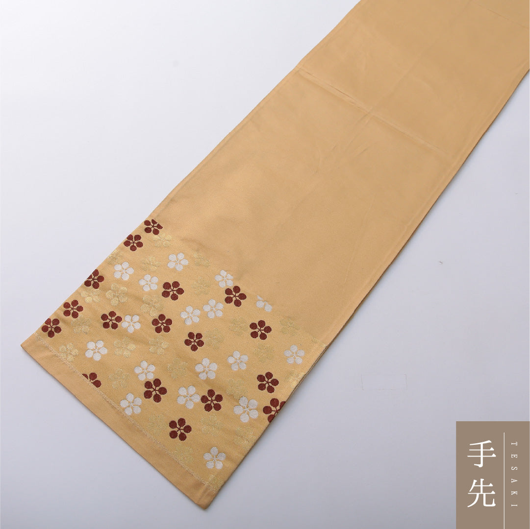 九寸名古屋帯 Aランク 帯丈364cm 正絹 六通 開き仕立て 帯芯なし 織り セミフォーマル 梅鉢 金系 LP 1245-03627