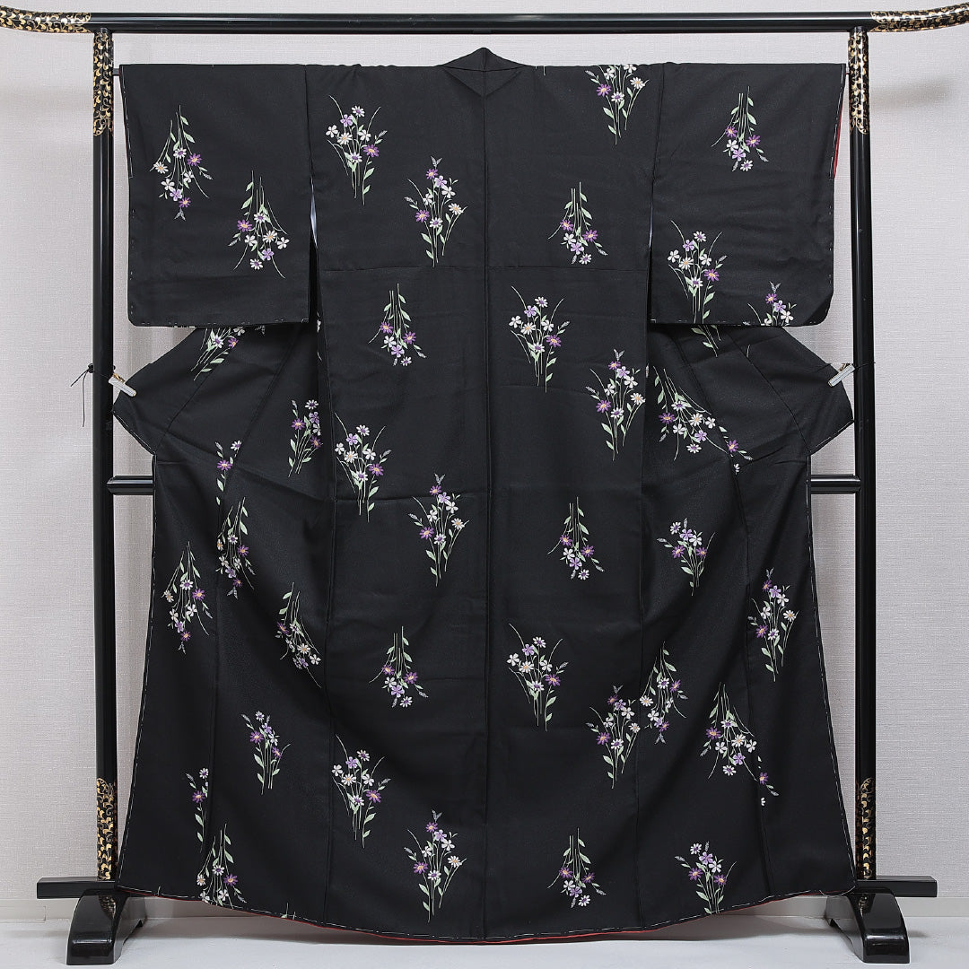 洗える着物 小紋 袷 身丈167cm 裄丈67cm ポリエステル Sランク インフォーマル 広衿 XLサイズ 秋桜 黒系 RP 1221-16341