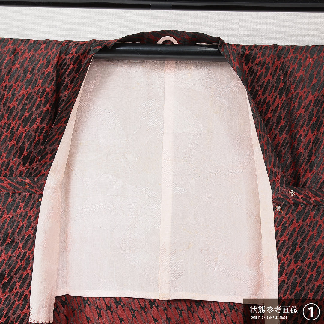 道行コート 単衣 身丈128cm 裄丈65cm 正絹 Aランク セミフォーマル Mサイズ ポケットあり 抽象柄 赤系 RP 1237-15245