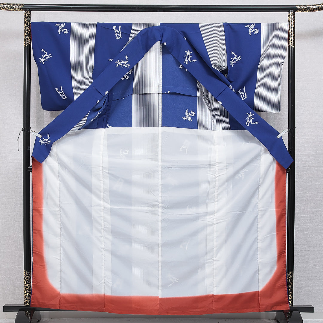 小紋 洗える着物 胴抜き 身丈165cm 裄丈68cm ポリエステル Dランク XLサイズ 広衿 インフォーマル 文字 縞 青系 1215-16322