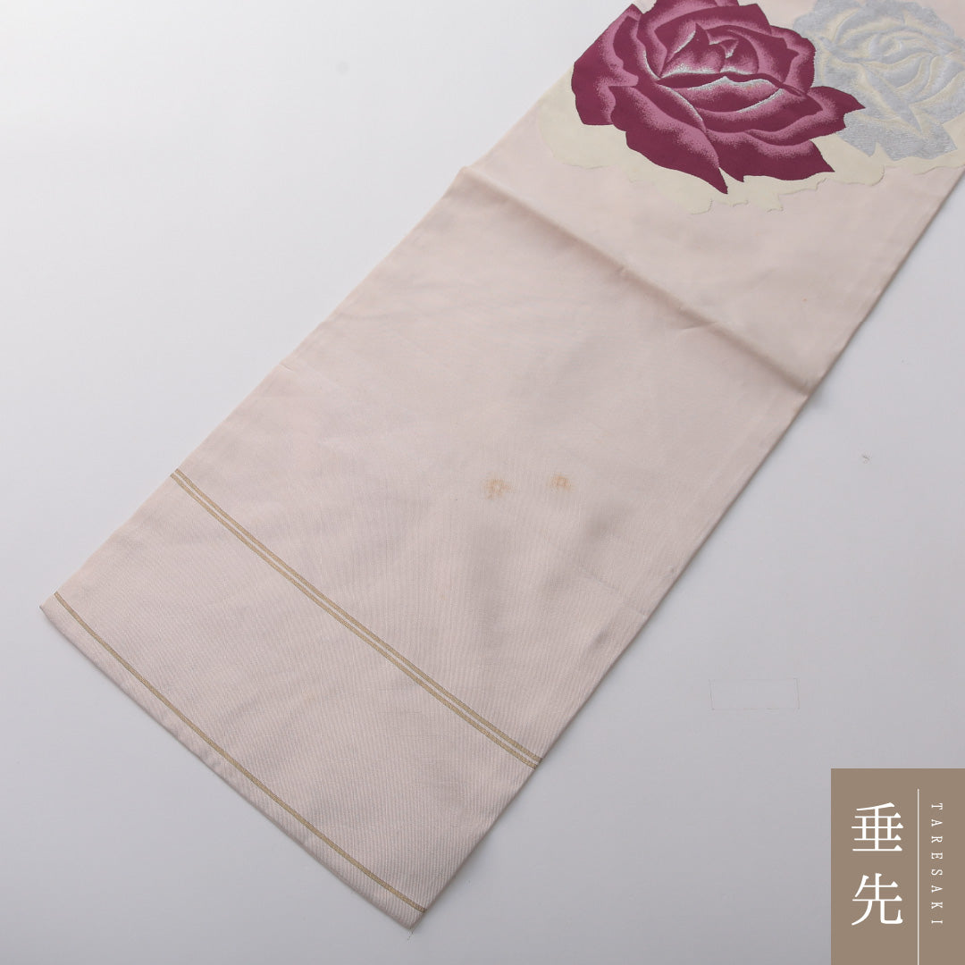 九寸名古屋帯 帯丈357cm カジュアル 名古屋仕立て ポイント柄 Dランク 正絹 綴れ織 薔薇 ピンク系 1224-03656