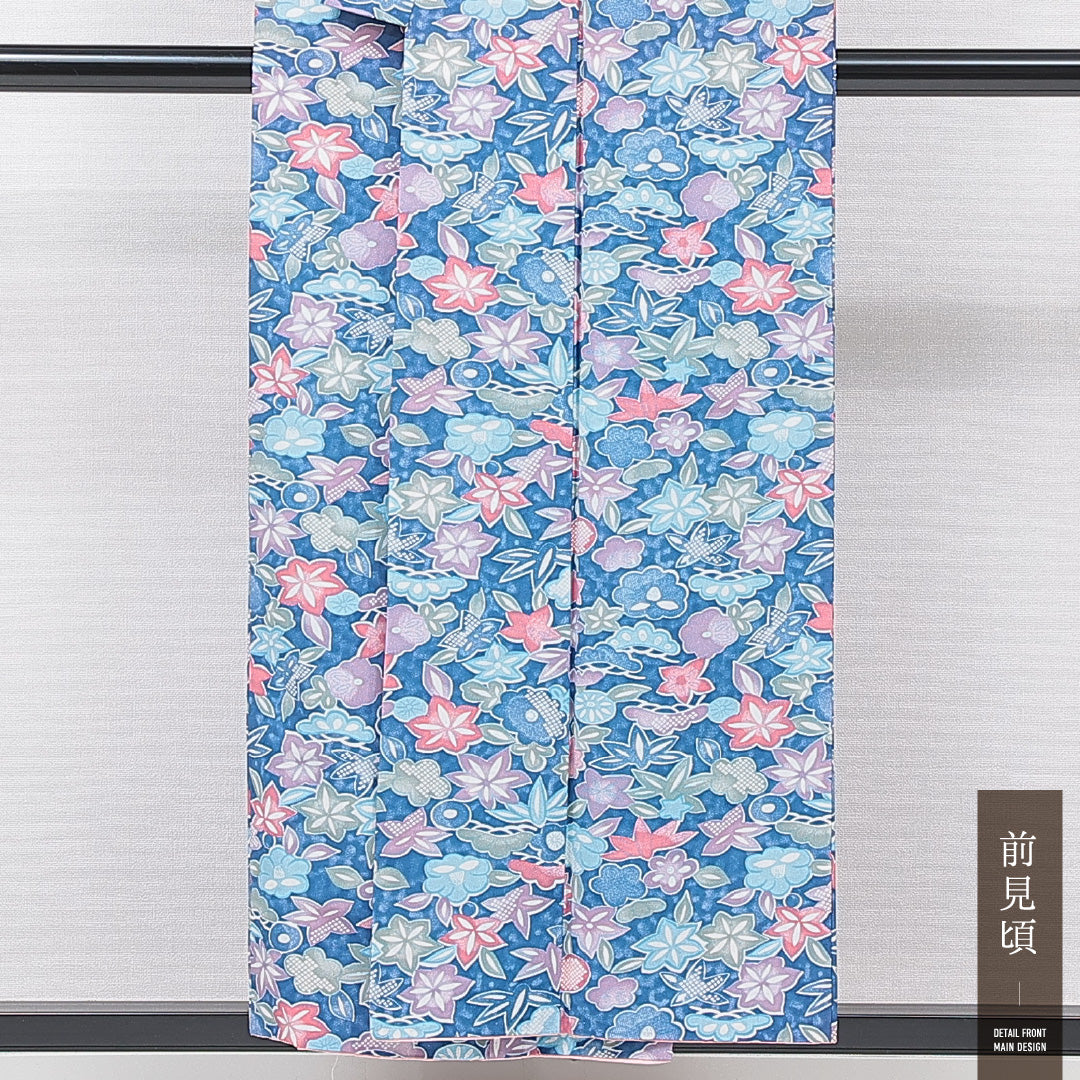小紋 洗える着物 袷 身丈153cm 裄丈62cm ポリエステル Cランク Sサイズ バチ衿 インフォーマル 花柄 水色系 1215-15726