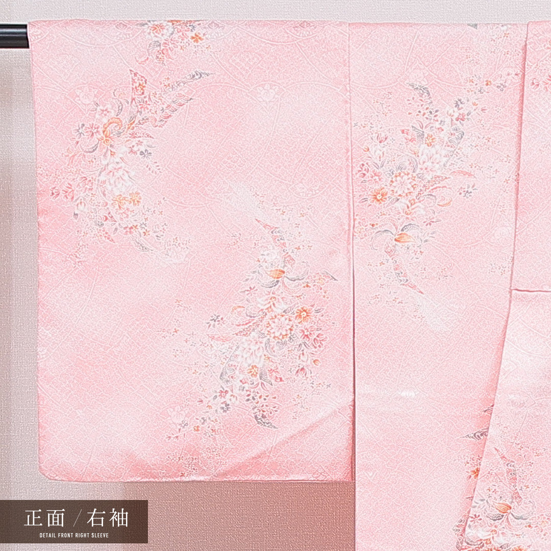 洗える着物 小紋 袷 身丈157cm 裄丈63cm ポリエステル Sランク インフォーマル 広衿 Mサイズ 熨斗 橘 ピンク系 RP 1221-16369
