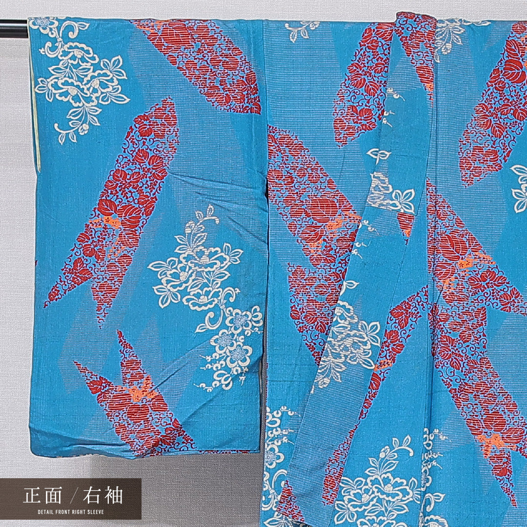 アンティーク 紬 袷 身丈145cm 裄丈62cm 正絹 Cランク バチ衿 XSサイズ 染め紬 五三桐 水色系 M4 1223-16748