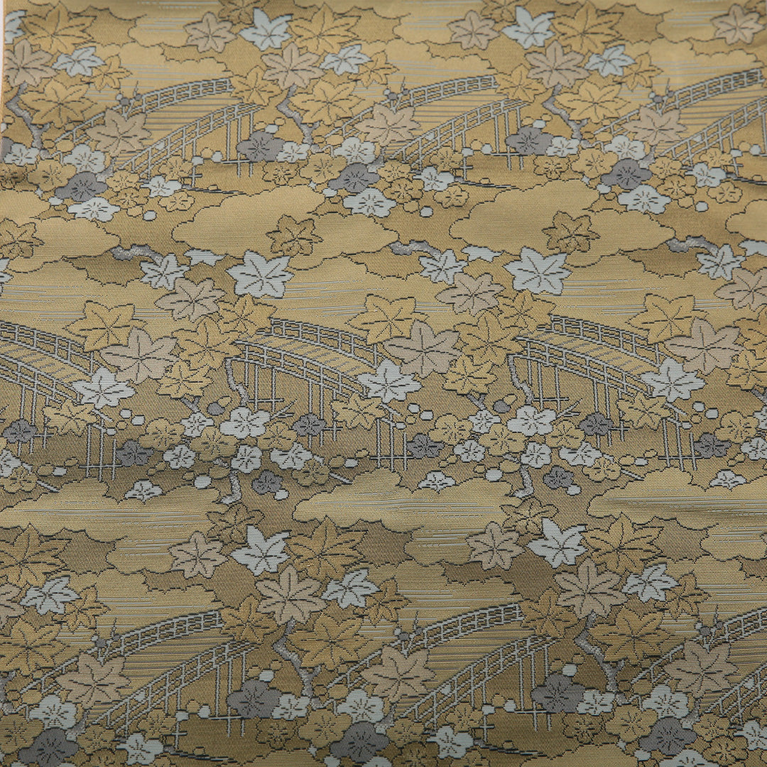 九寸名古屋帯 帯丈342cm セミフォーマル 名古屋仕立て 六通 Aランク 正絹 橋 紅葉 緑系 1224-03500