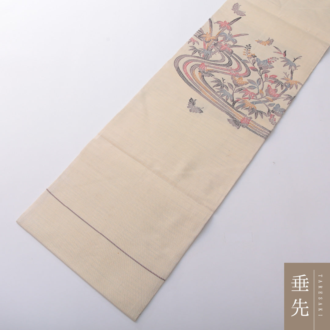 九寸名古屋帯 帯丈350cm セミフォーマル 名古屋仕立て ポイント柄 Cランク 正絹 蝶 流水 花柄 クリーム系 1224-03608