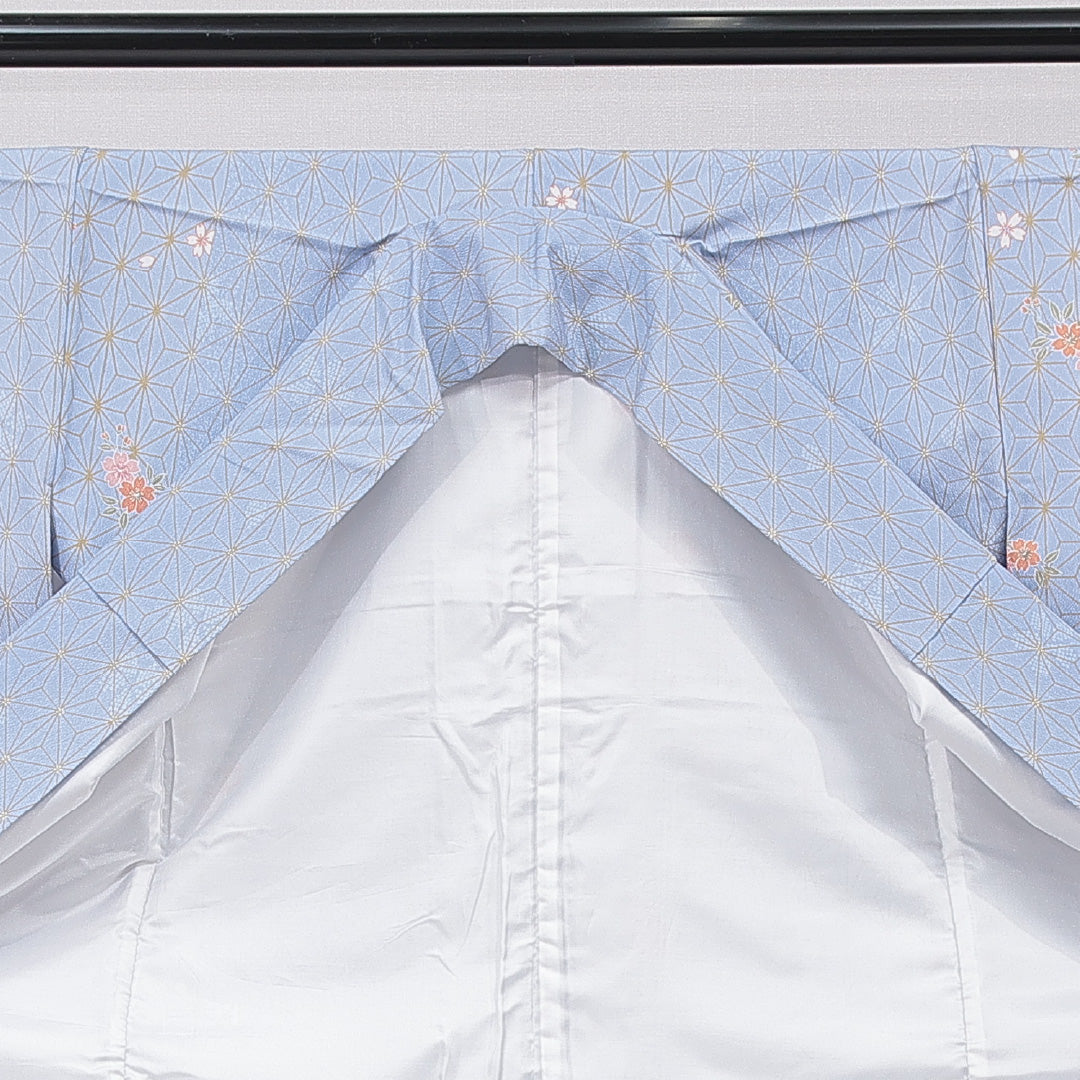 小紋 洗える着物 袷 身丈161cm 裄丈64cm ポリエステル Sランク Lサイズ 広衿 インフォーマル 麻の葉 桜 水色系 1215-15811