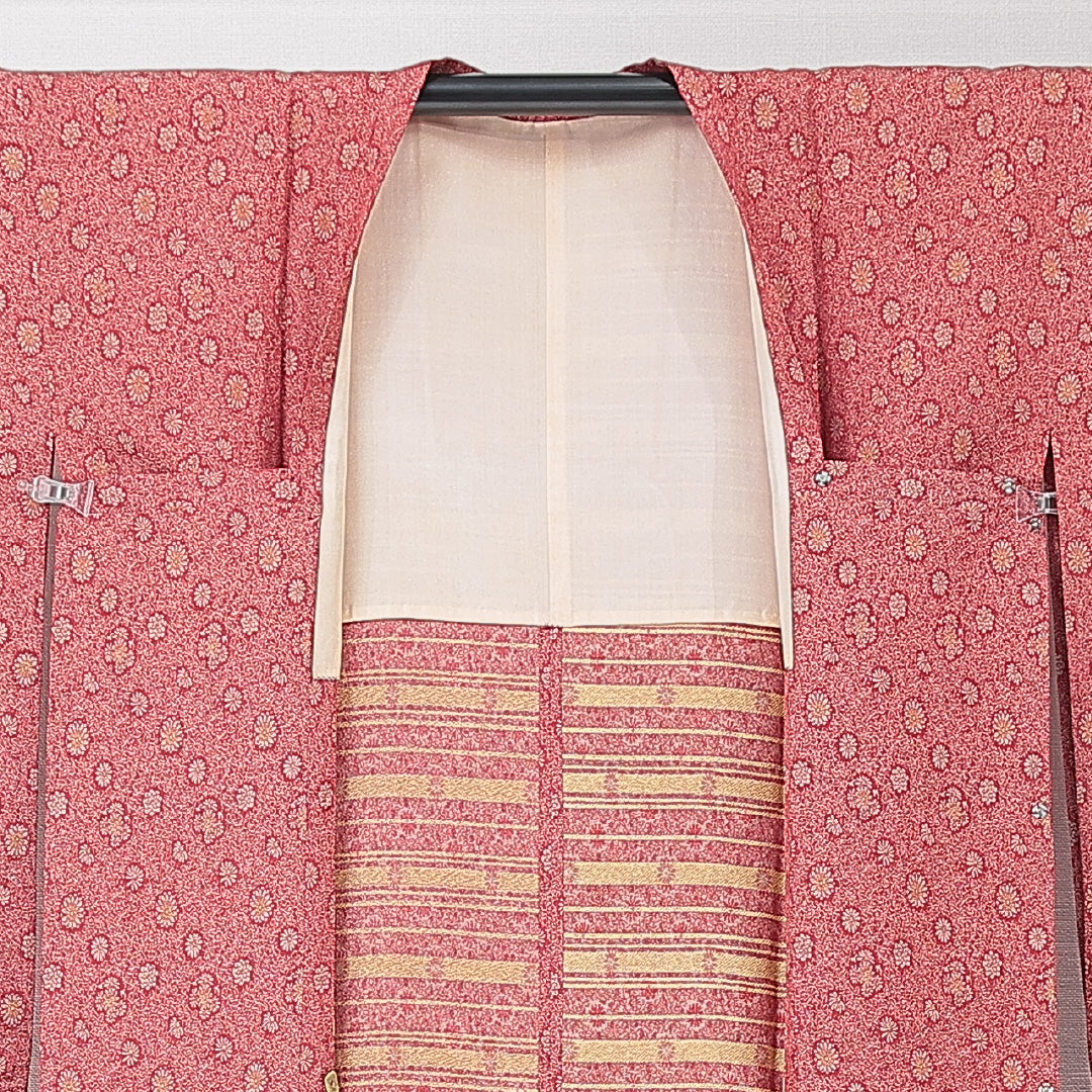 道行コート 単衣 身丈106cm 裄丈65cm 正絹 Aランク セミフォーマル Mサイズ 肩当て ポケットあり 菊 赤系 RP 1237-15169
