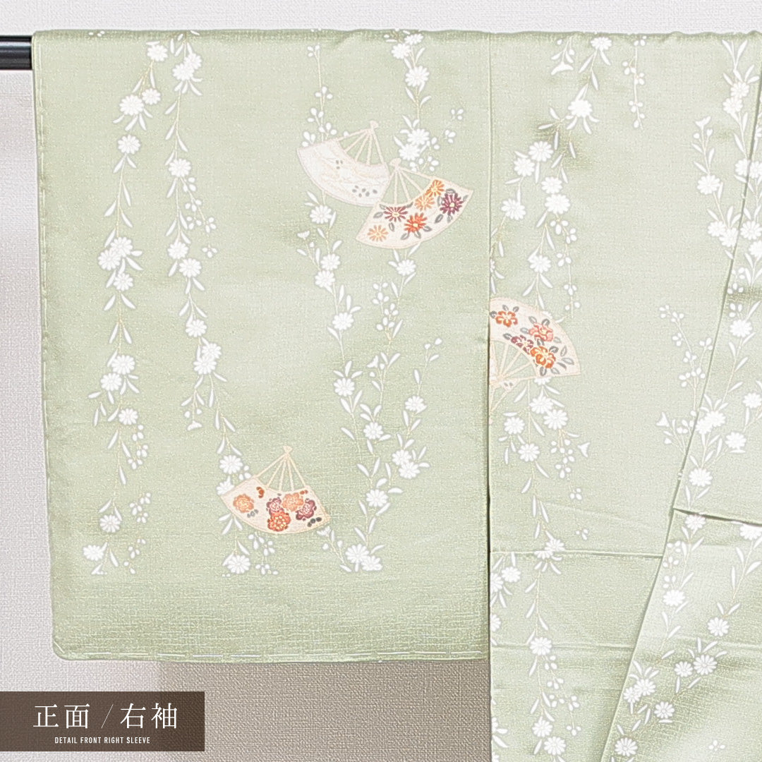 小紋 袷 身丈152cm 裄丈61cm 正絹 Sランク Sサイズ 広衿 インフォーマル ちりめん 山 証紙 緑系 1215-15907